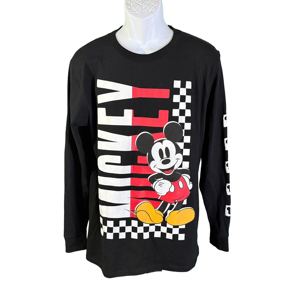 Disney Mickey Mouse T-Shirt Mens Medium Black Long Sleeve Graphic Checkered Tee